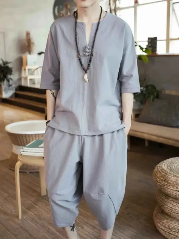Notched Half Sleeve Top and Cropped Pants Set