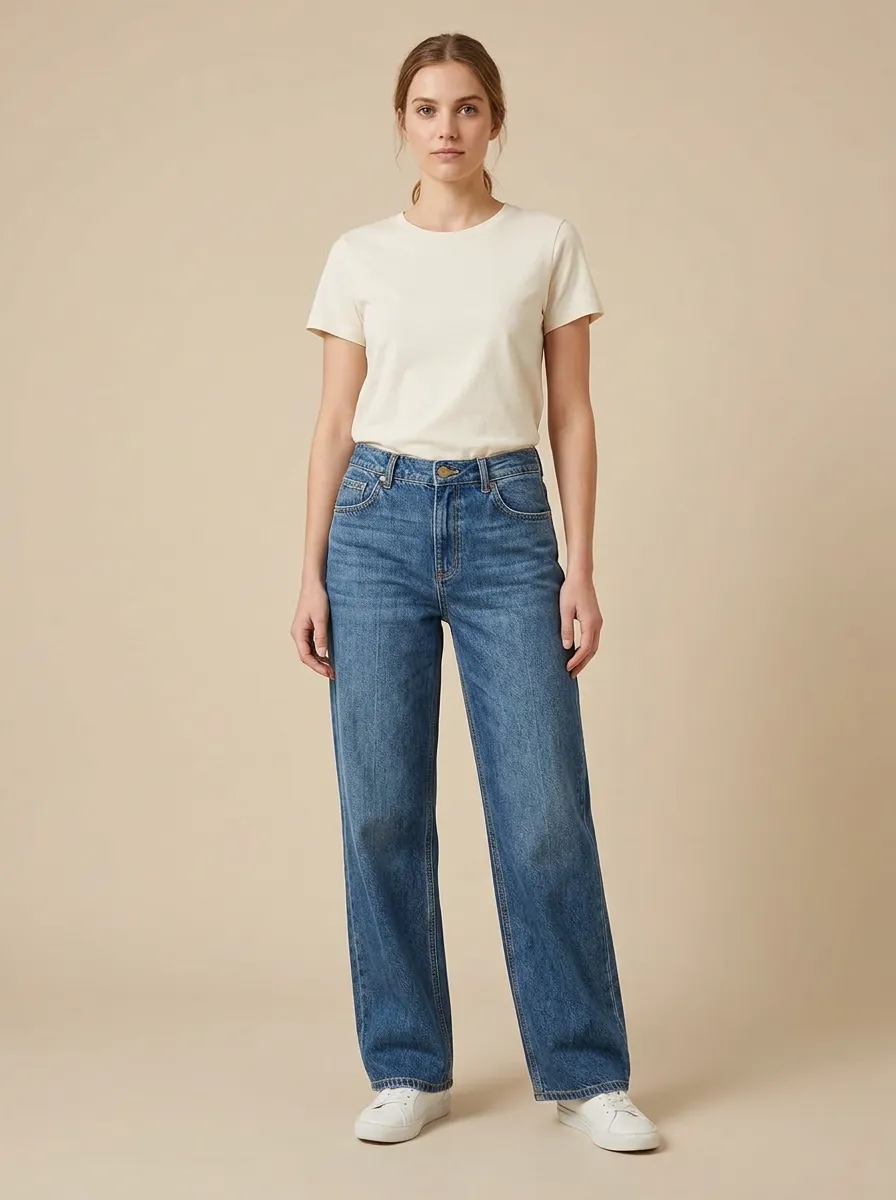 Women's Relaxed Contrast-Stitch Belt-Loop Wide-Leg Denim Jeans