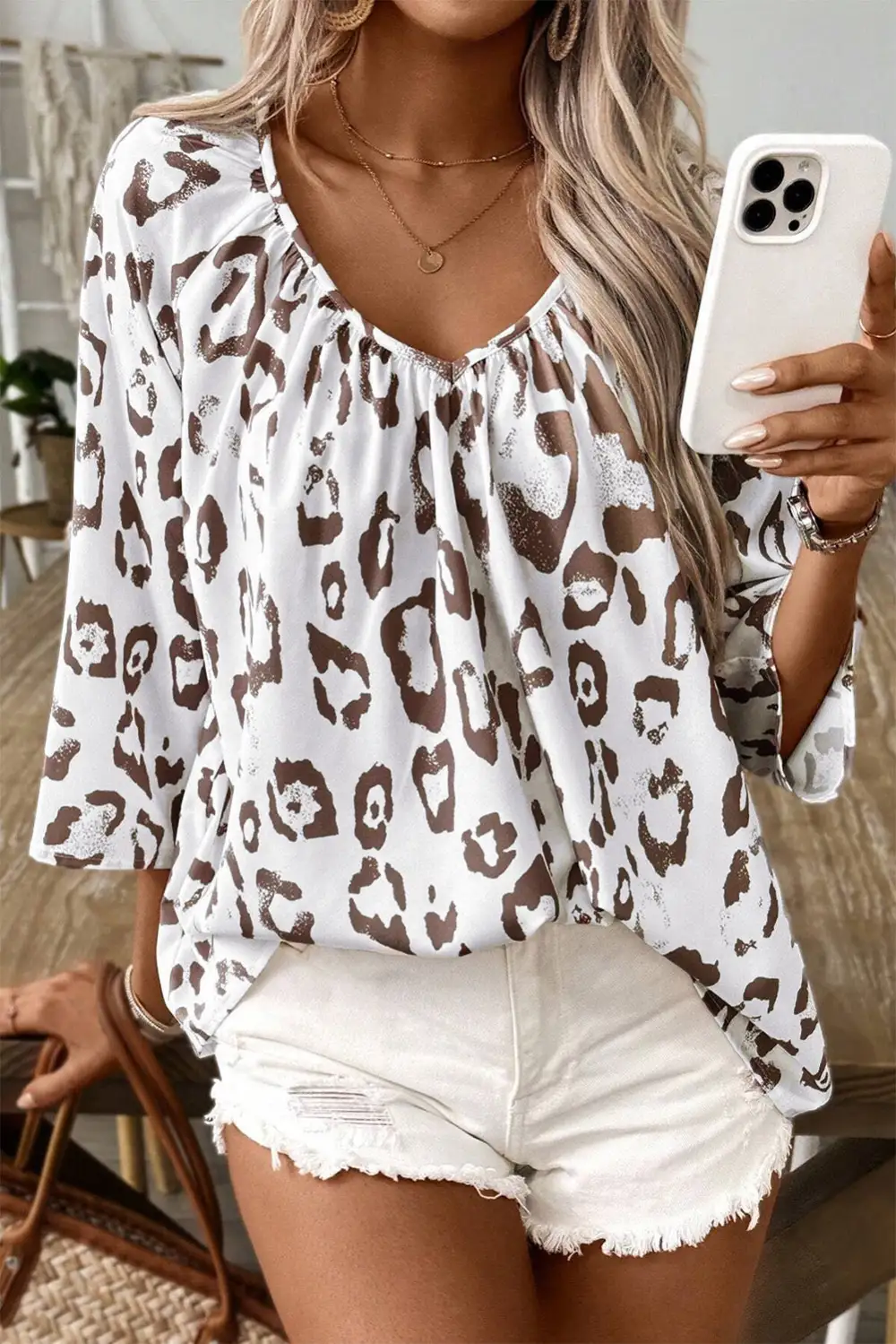 Print Ruched V Neck Three Quarter Sleeve Blouse