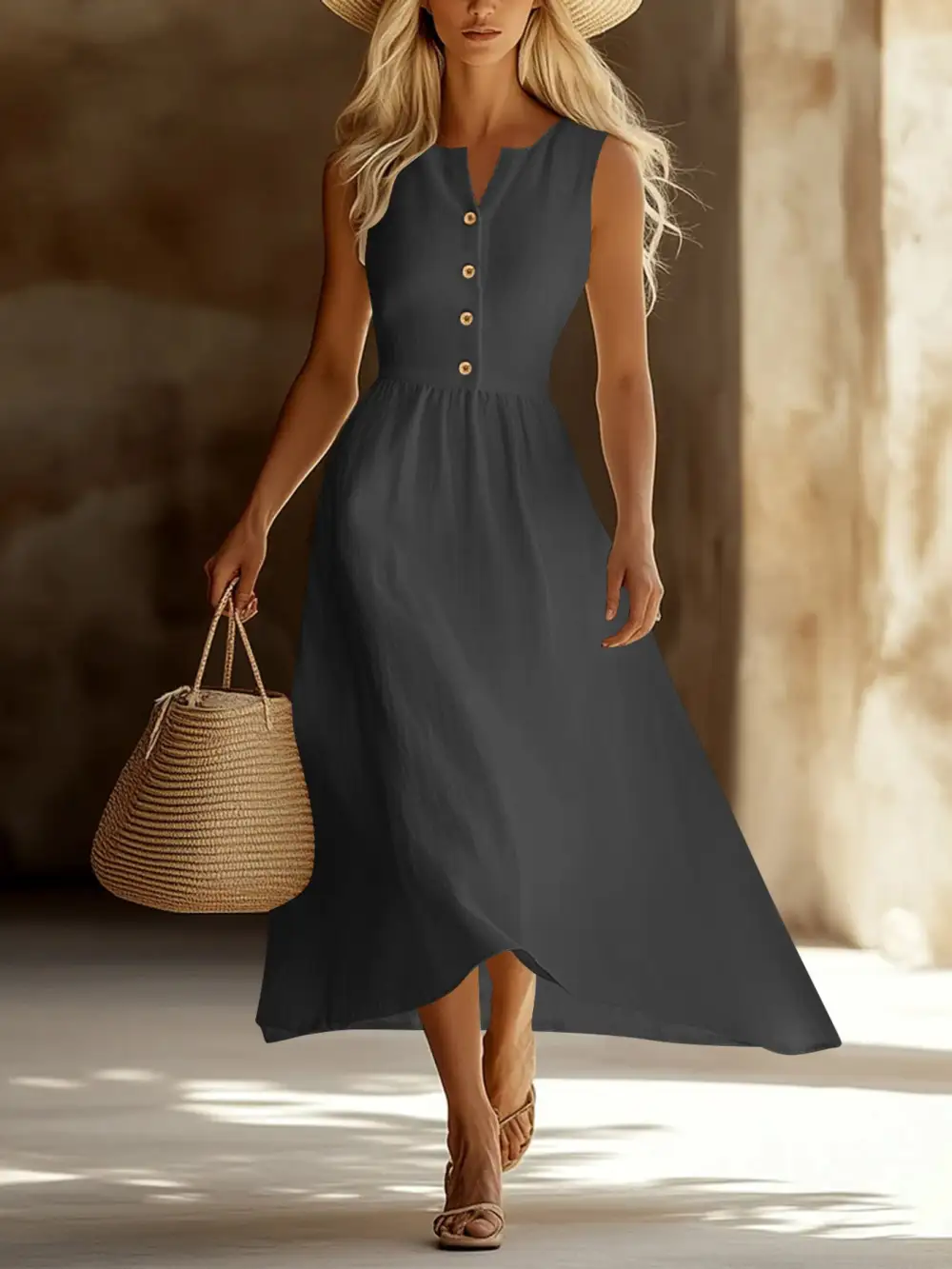 Clean Line Button Front Sleeveless Midi Dress