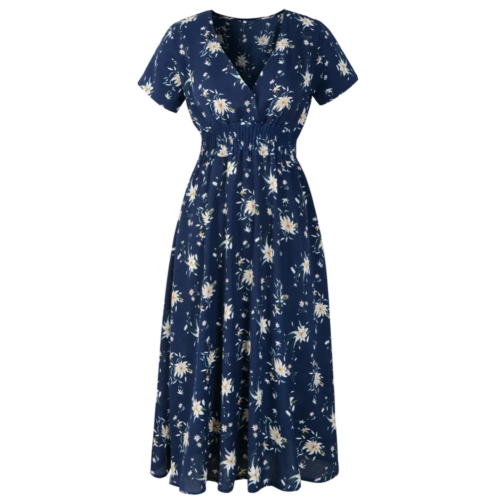 Chiffon Beach Dress Printed V-neck Short Sleeve Bohemian