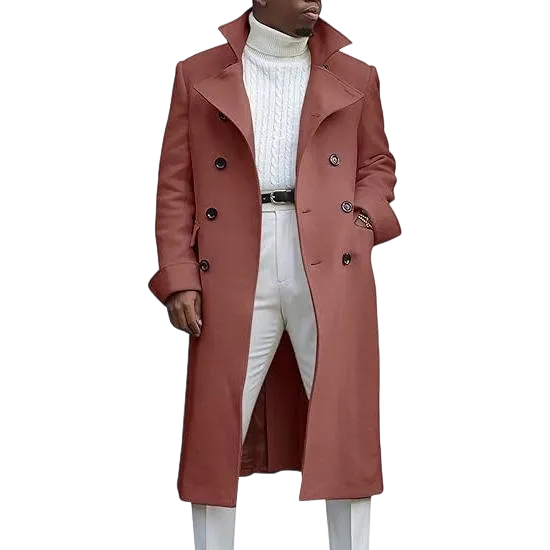 Men's Notch Lapel Double Breasted Long Trench Coat Casual Cotton Blend Peacoat