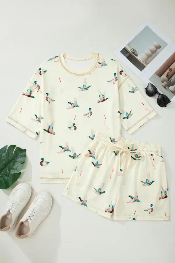 Print Drawstring Relaxed Shorts Lounge Set