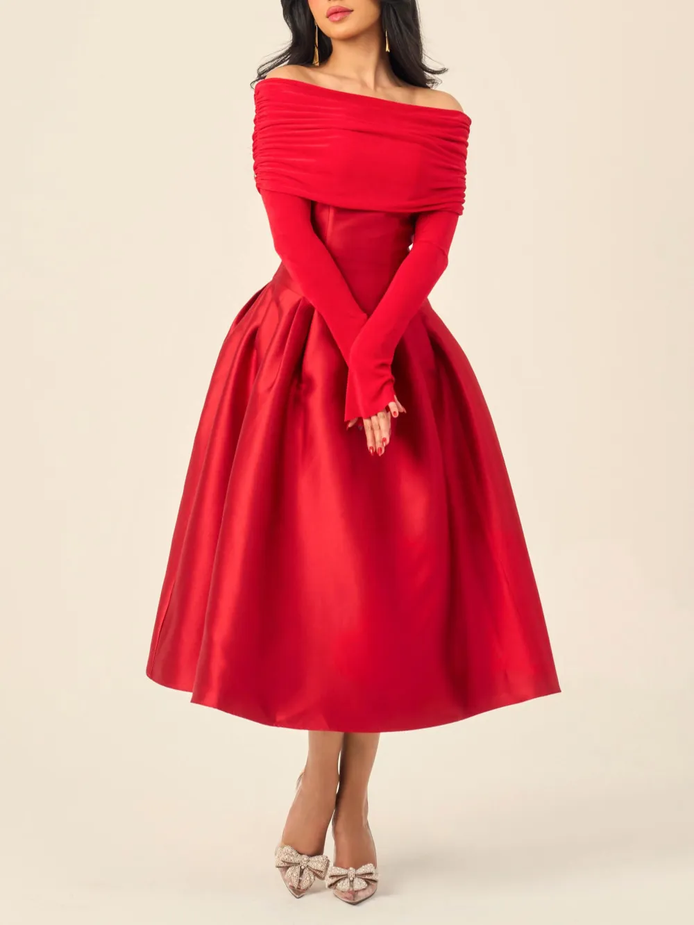 Elegant Off Shoulder Satin Midi Dress