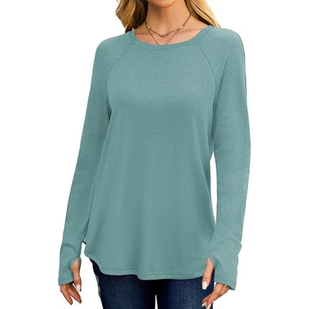 Womens Tunic Tops to Wear with Leggings Long Sleeve Thumb Hole Shirts Crew Neck Curved Hem