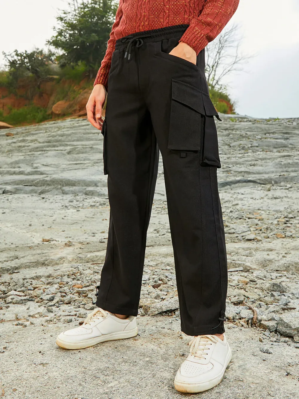 Black Straight-Fit Utility Trousers