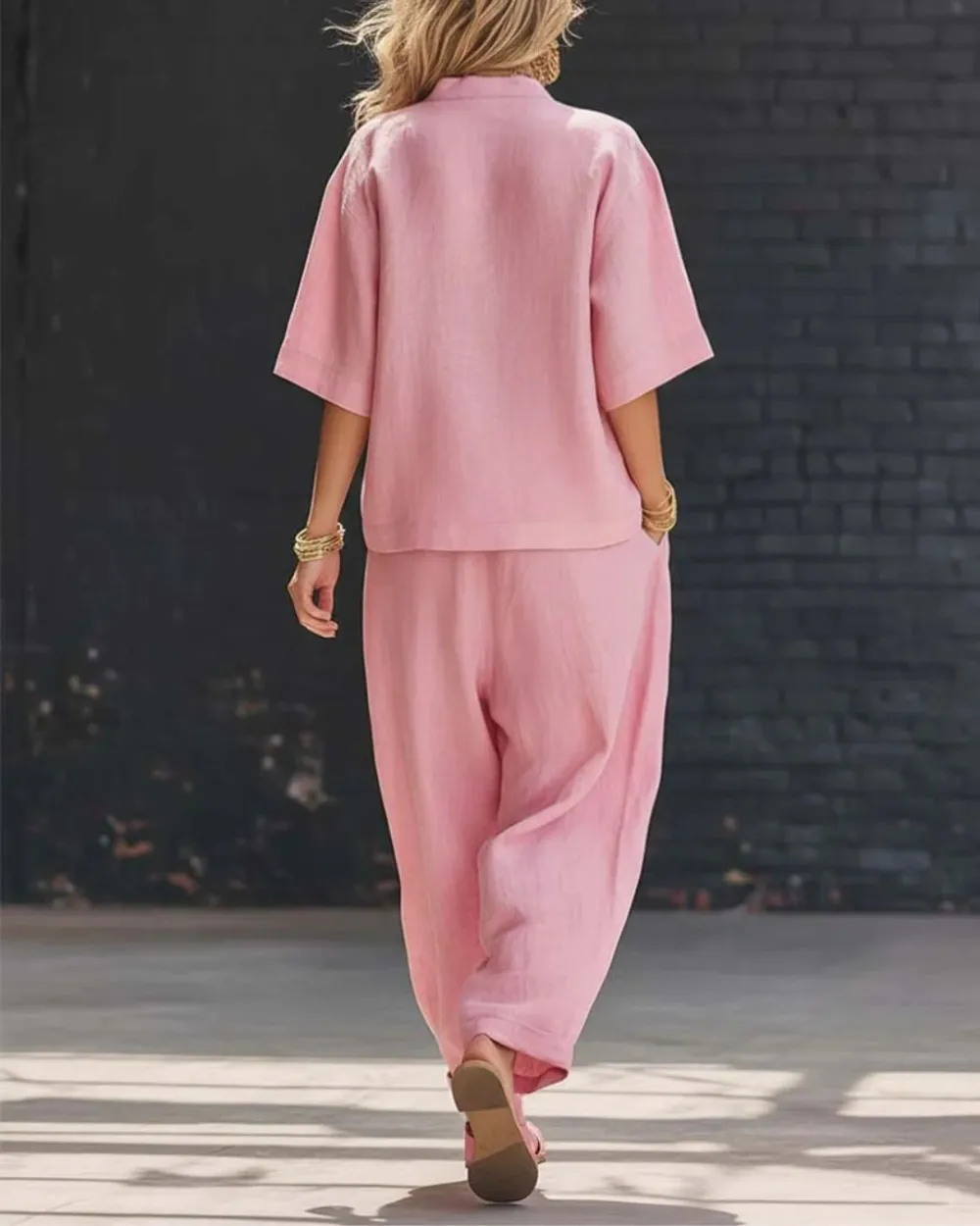 Casual Cotton and Linen V-Neck Top and Wide Leg Set