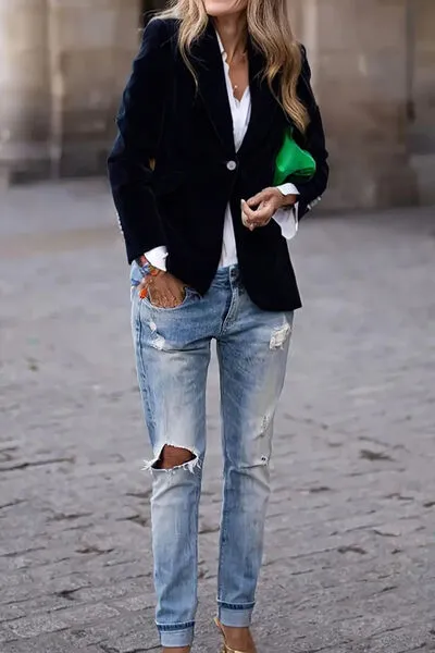 Refined Single-Button Lapel-Collar Long-Sleeve Blazer