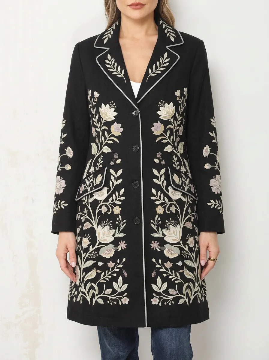 Women's Floral Bird Botanical Embroidered Printed Coat
