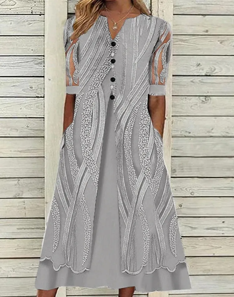 V-neck Printed Loose Short Sleeve Maxi Dress