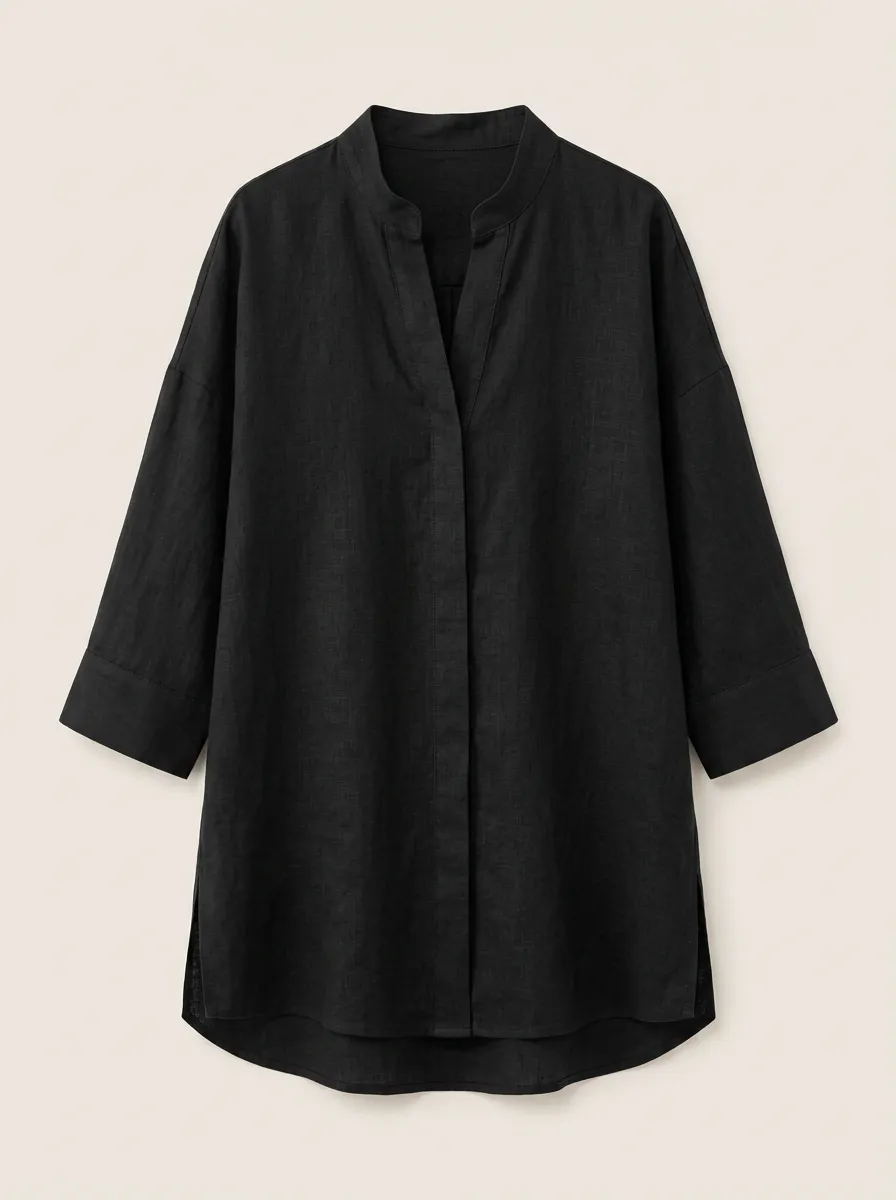 Women's Casual Minimalist Black V-Neck Linen Blend Shirt