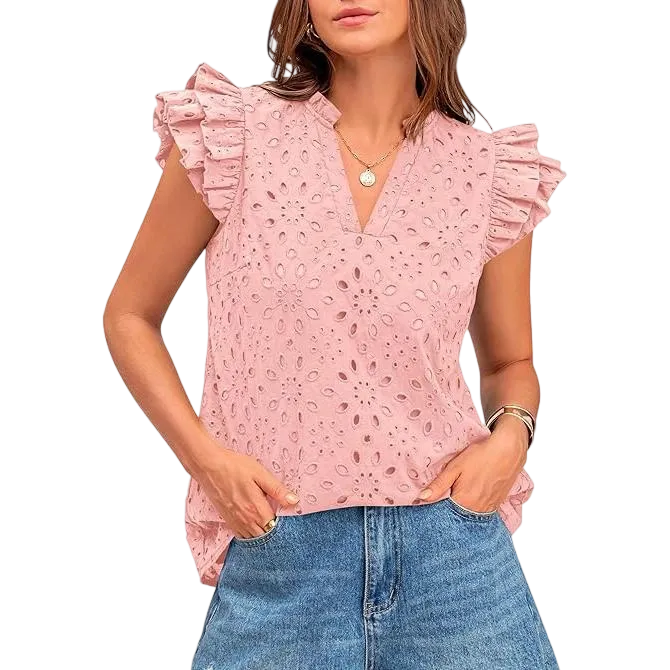 9PACK-Women Summer Eyelet Tops Dressy Casual V-Neck Ruffle Cap Sleeve Cotton Boho Shirts