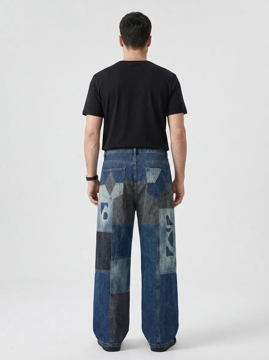 Men's Geometric Patchwork Wide Leg Jeans