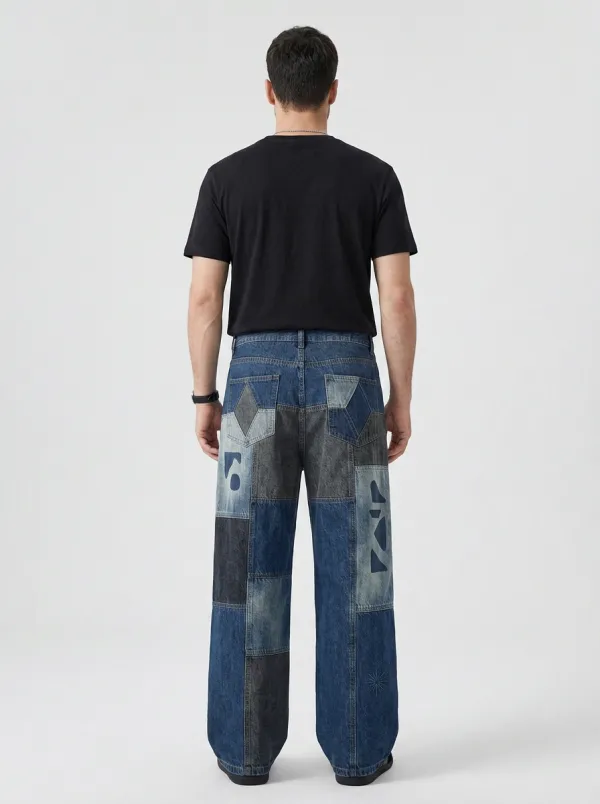 Men's Geometric Patchwork Wide Leg Jeans