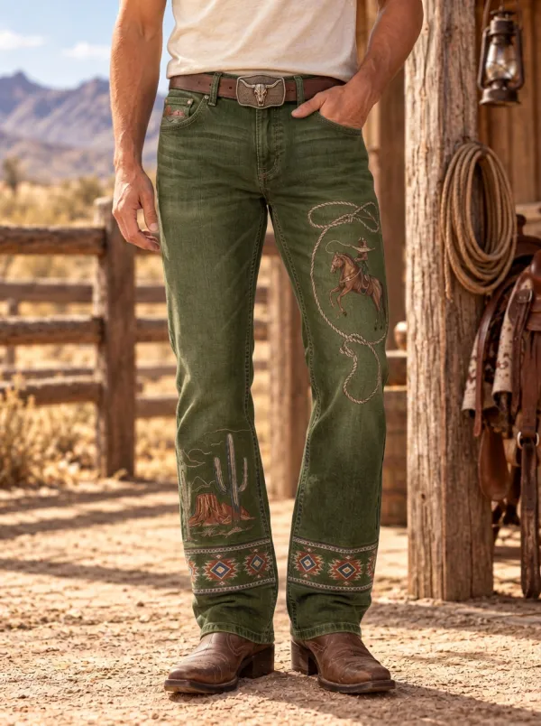 Men's Western Medium Wash Embroidered Western Denim Jeans