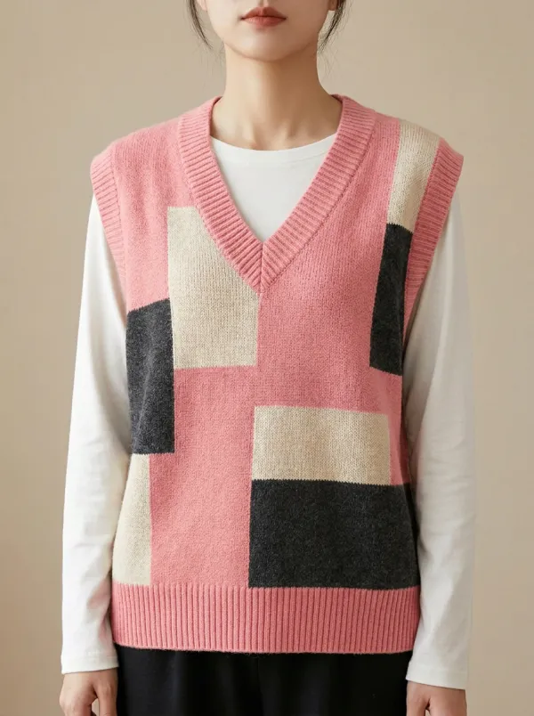 Colorblock Geometric Button Sweater Vest