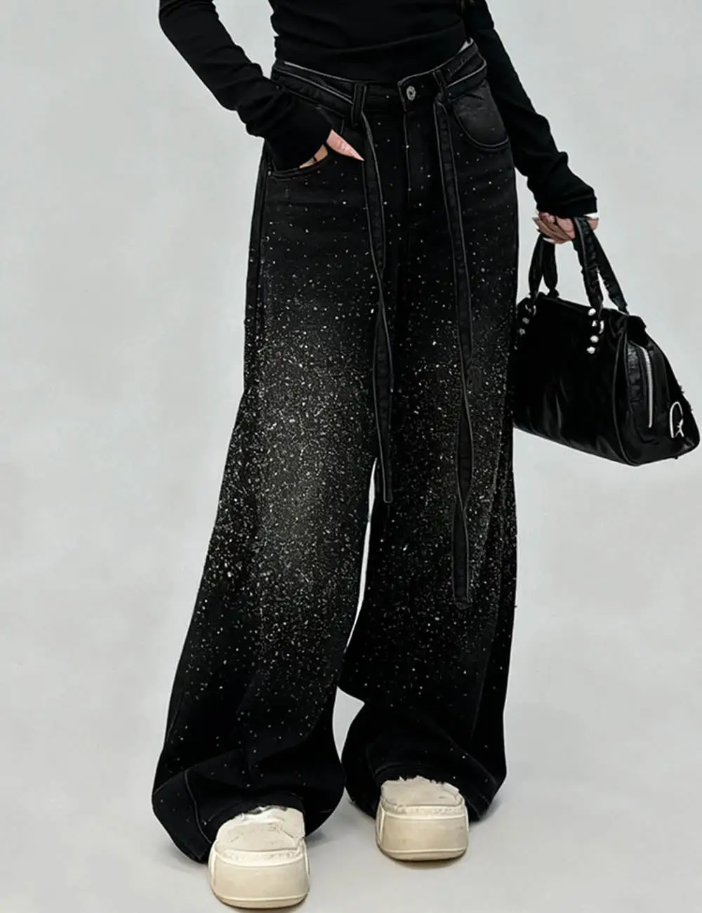 Vintage Rhinestone Jeans Fleece Lining Denim Pants