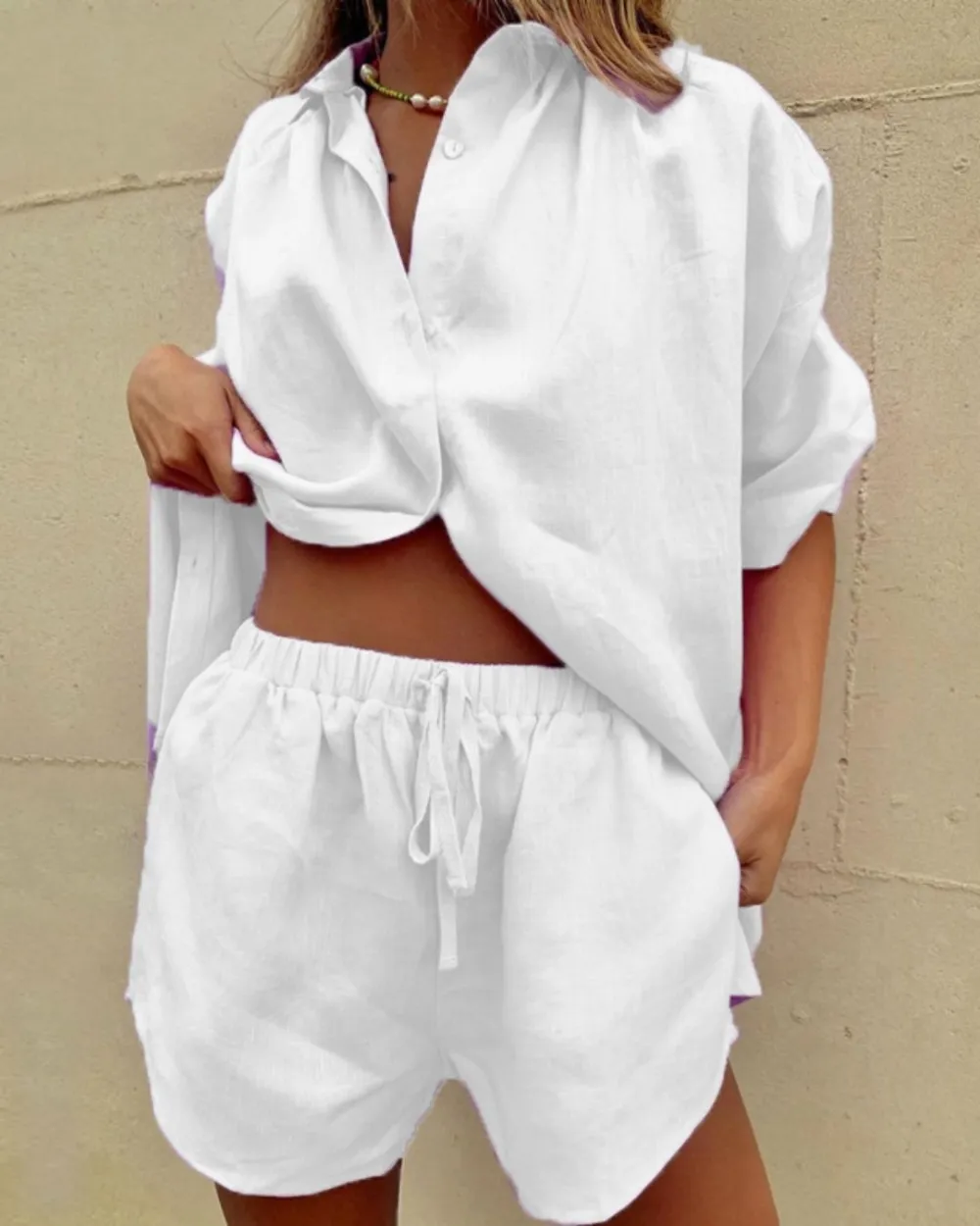 Casual V-Neck Shirt and Shorts Two-Piece Set