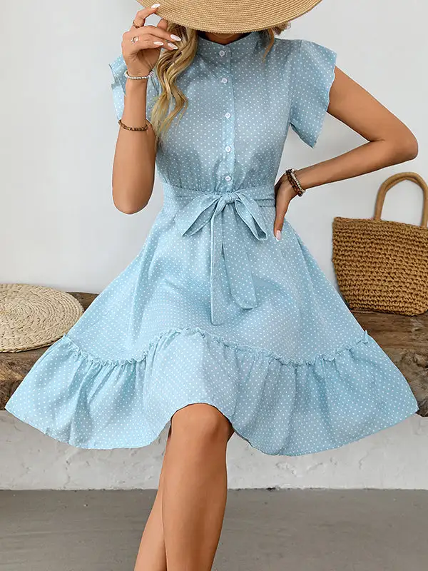 A Line Relaxed Buttoned Pleated Polka Dot Tied Waist Round Neck