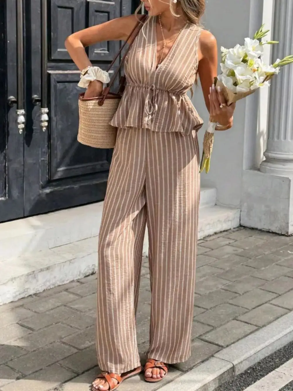 Relaxed Striped Sleeveless Top and Wide Leg Pants Set