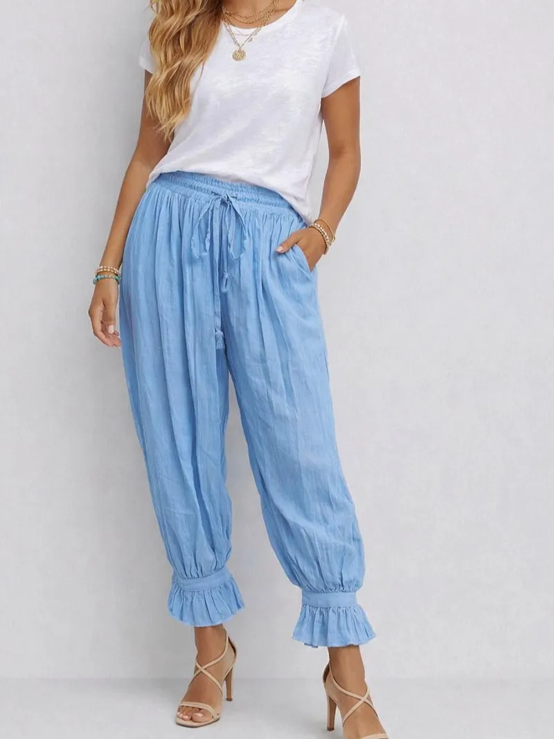 Elastic Waist Drawstring Ruffle Hem Lantern Pants