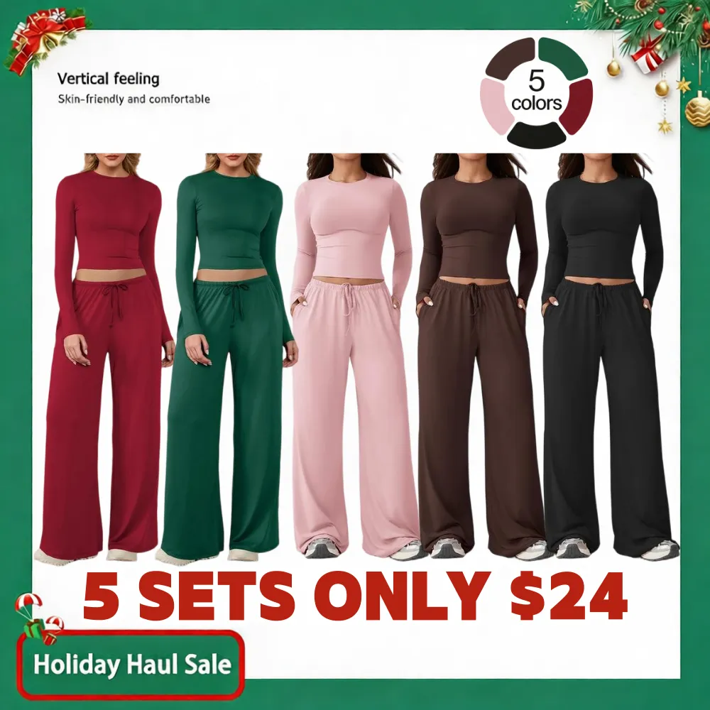 Women's 2-Piece Activewear Set Long-Sleeve Crop Top & Wide-Leg Pants Stretchy Fabric for Yoga