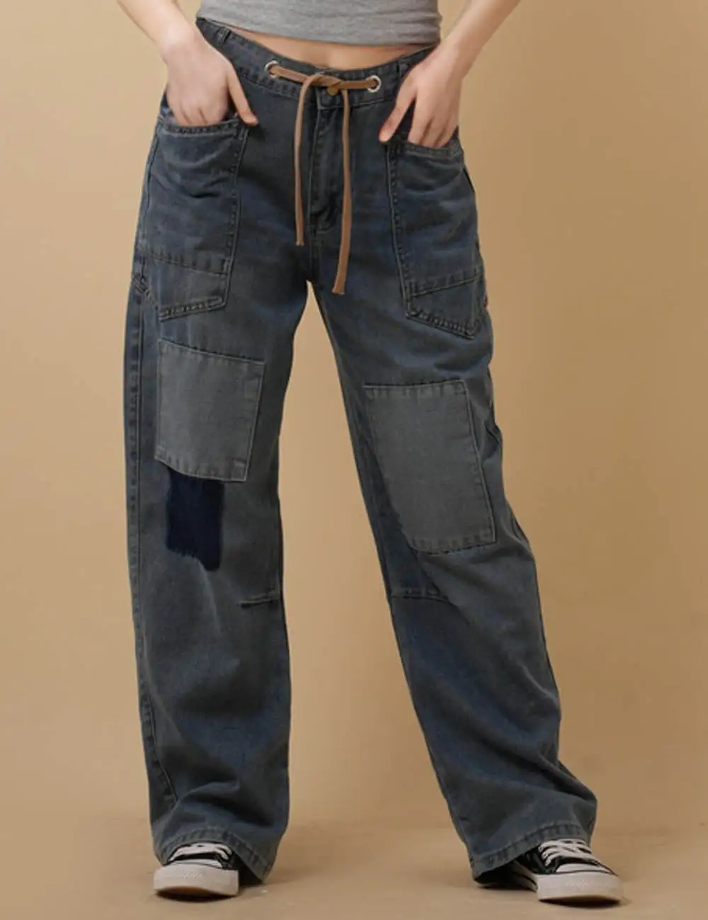String Tie Jeans Denim Splice Straight Leg Pants