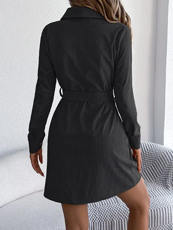 Elasticated Waist Long Sleeve Belted Buttoned Single Breasted Solid Color Lapel