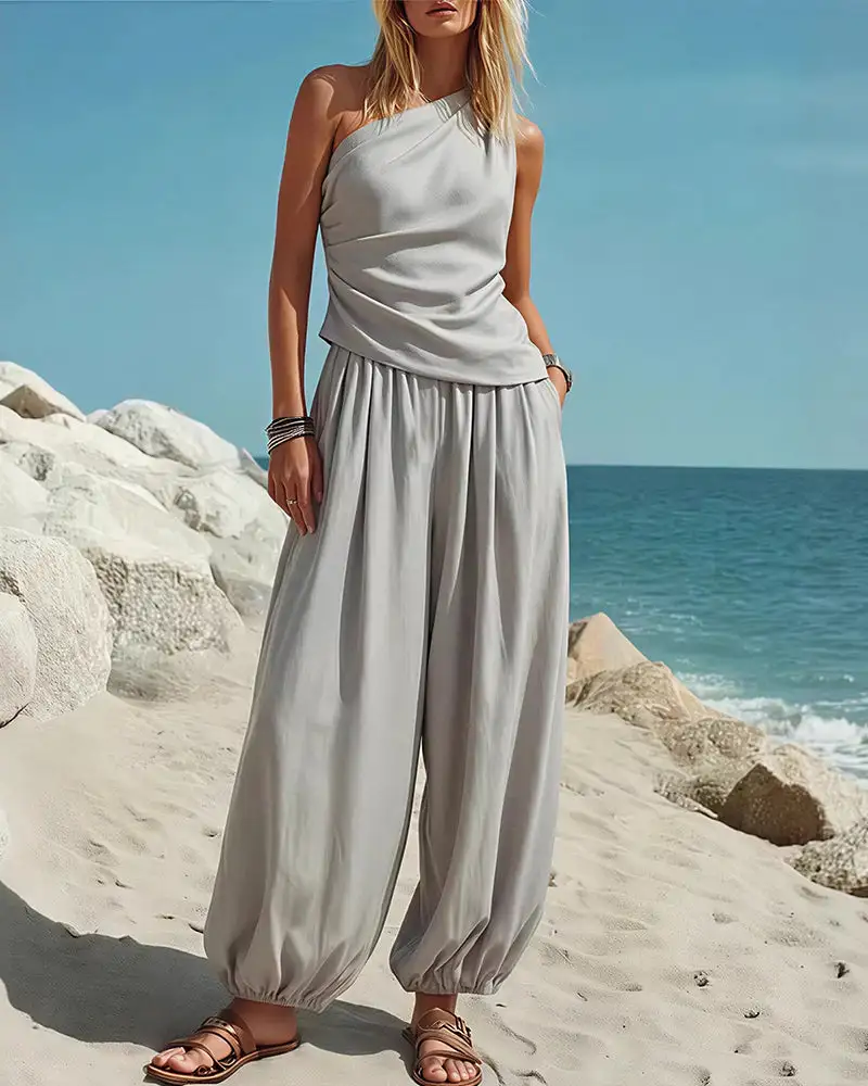 Draped Top and Flowy Harem Pants Two-Piece Set