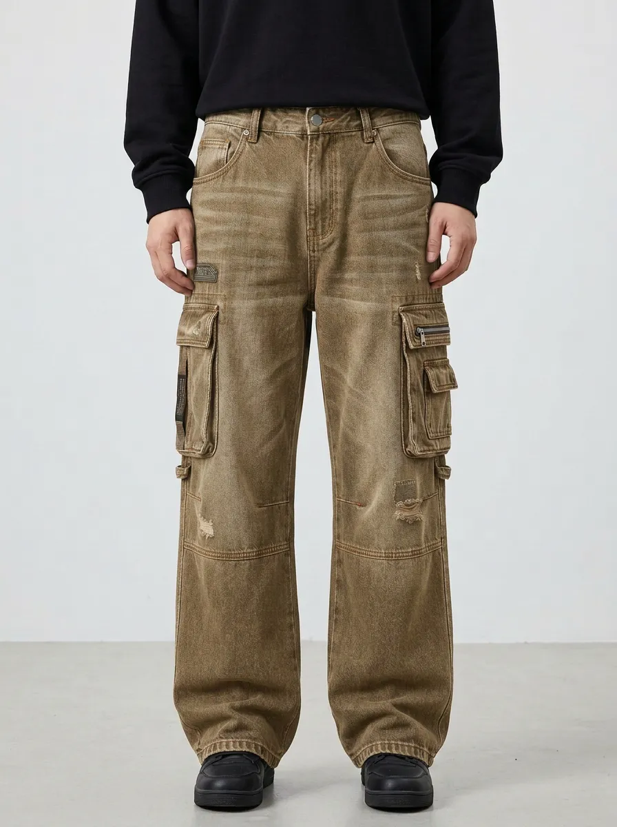 Men's Streetwear Washed Black Distressed Multi-Pocket Cargo Jeans