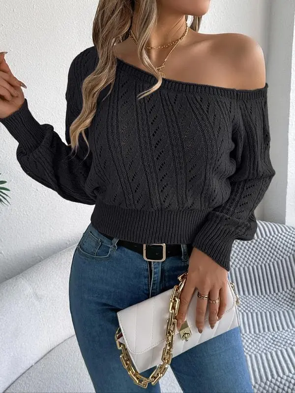 Women's Plain Textured Hollow Out Asymmetrical Neckline Longsleeves Sweater Knitwear, Elegant Casual Raglan Sleeve Long Sleeve Jumper for Fall & Winter, Fashion Ladies' Knitwear for Daily Wear, Women's Clothing, Go Out Tops, Trending Clothing Women