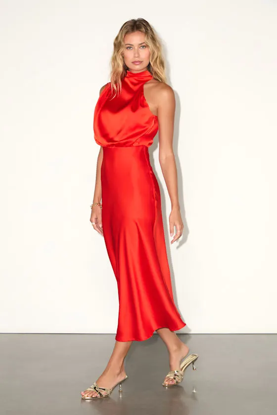 Distinctive Charm Red Orange Satin Asymmetrical Midi Dress