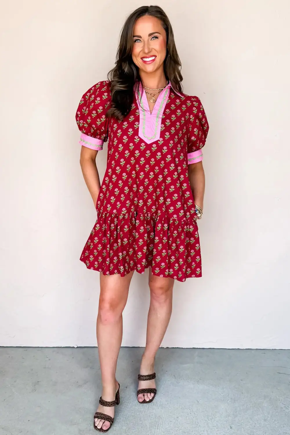 Layered Detail Floral Printed V Neck Mini Dress