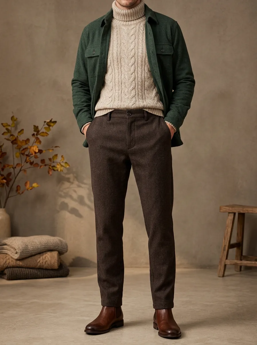Men's Autumn Winter Herringbone Casual Button Front Pants