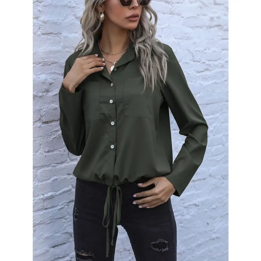Perfee Tied Hem Button Down Long Sleeve Shirt