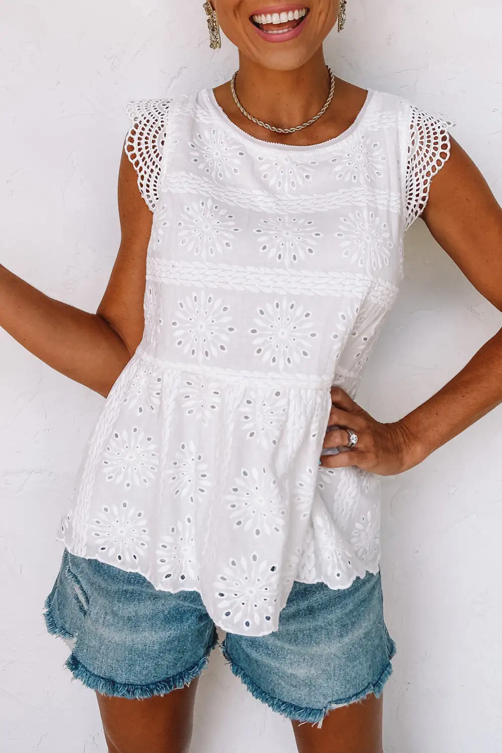 Contrast Lace Cut-Out Flutter Sleeve Blouse