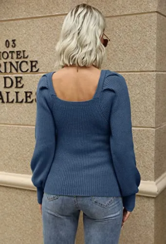 Women's Square Neck Long Lantern Sleeve Sweater Fit Chunky Knitted Pullover Jumper Tops