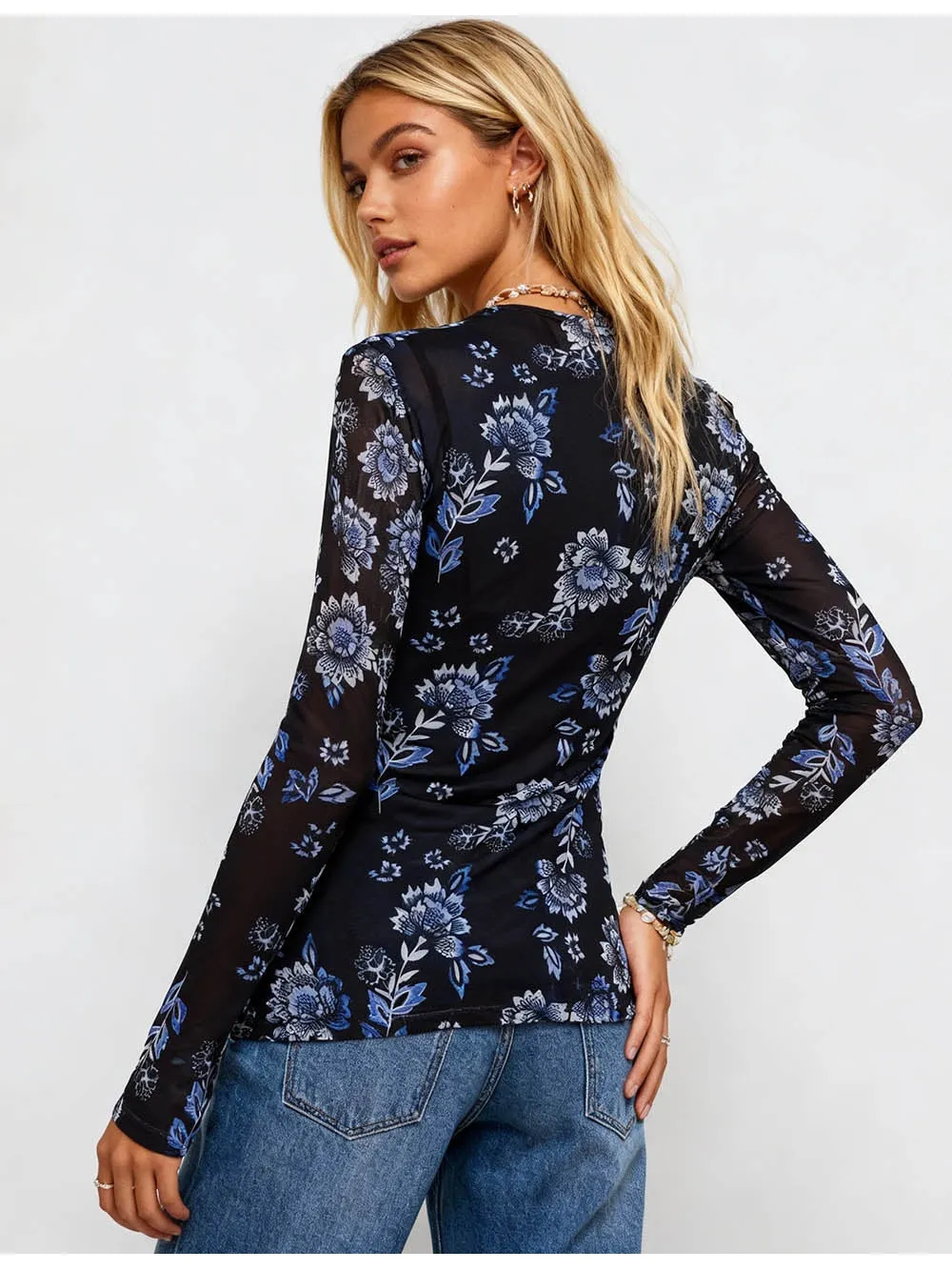 Boho Sheer V Neck Long Sleeves Blouse