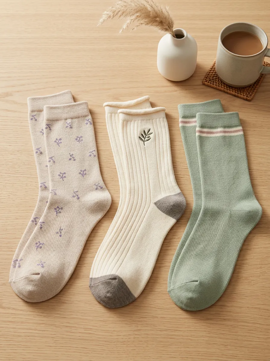 Women's Assorted Floral Leaf Ribbed Striped Embroidered Color-Block Printed 3-Pack Crew Sock Set