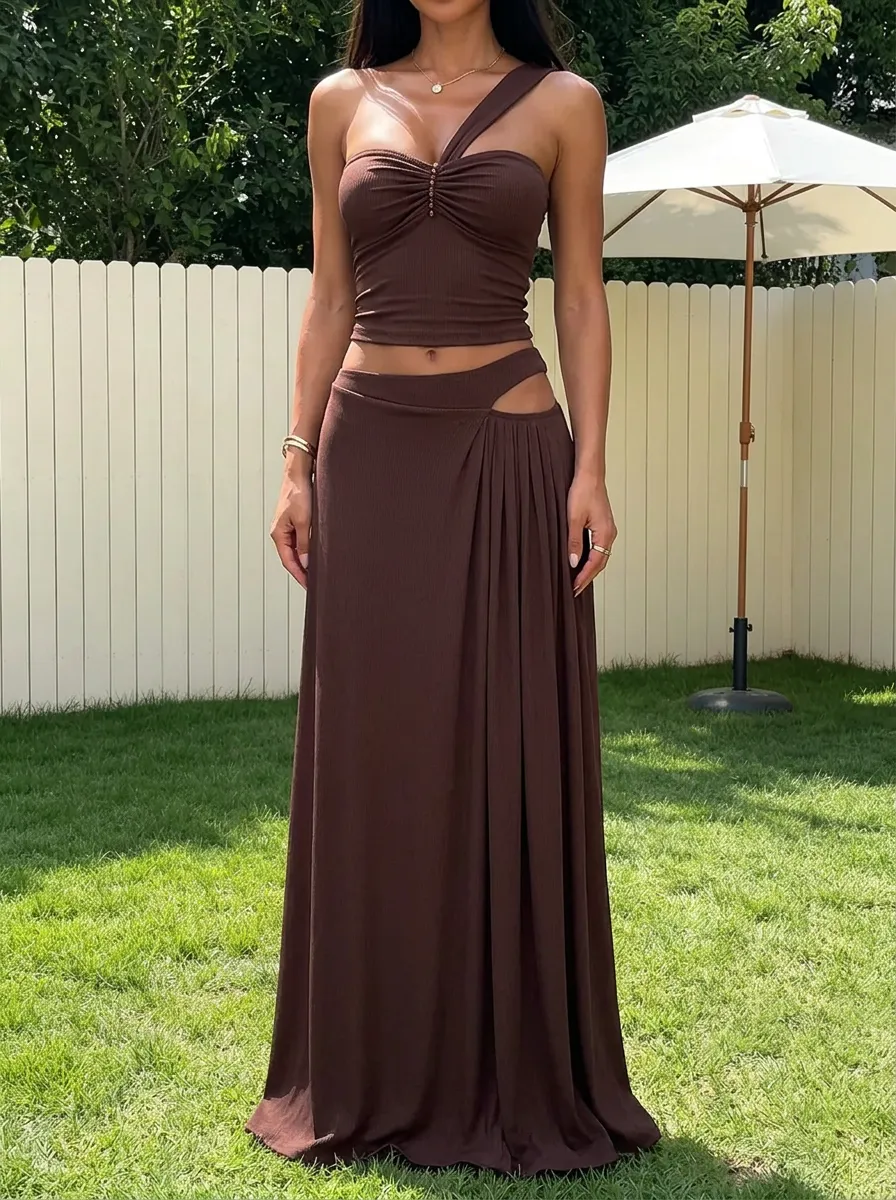Women's Sexy Brown Ribbed One-Shoulder Cutout Maxi Skirt Set