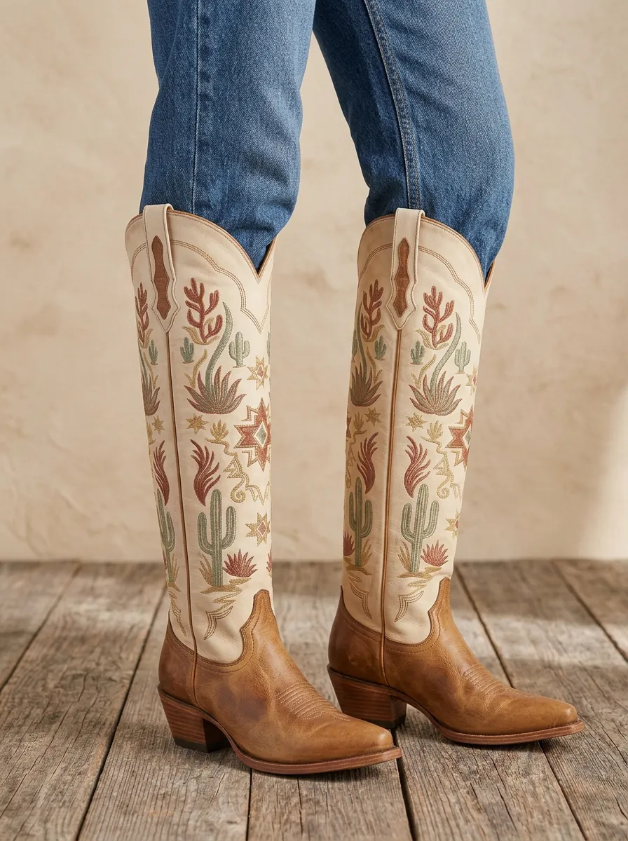 Women's Western Cactus Geometric Star Embroidered Pointed-Toe Denim Over-the-Knee Boots
