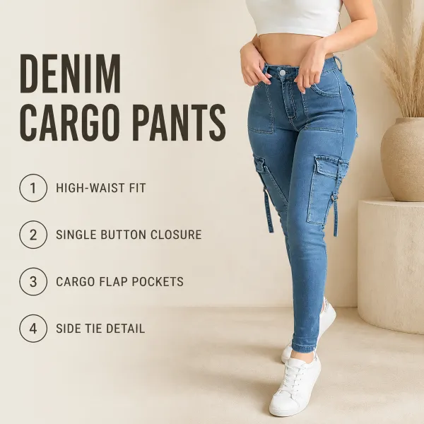 Women's Multi-Pocket Denim Cargo Pants High-Waisted Slim Fit