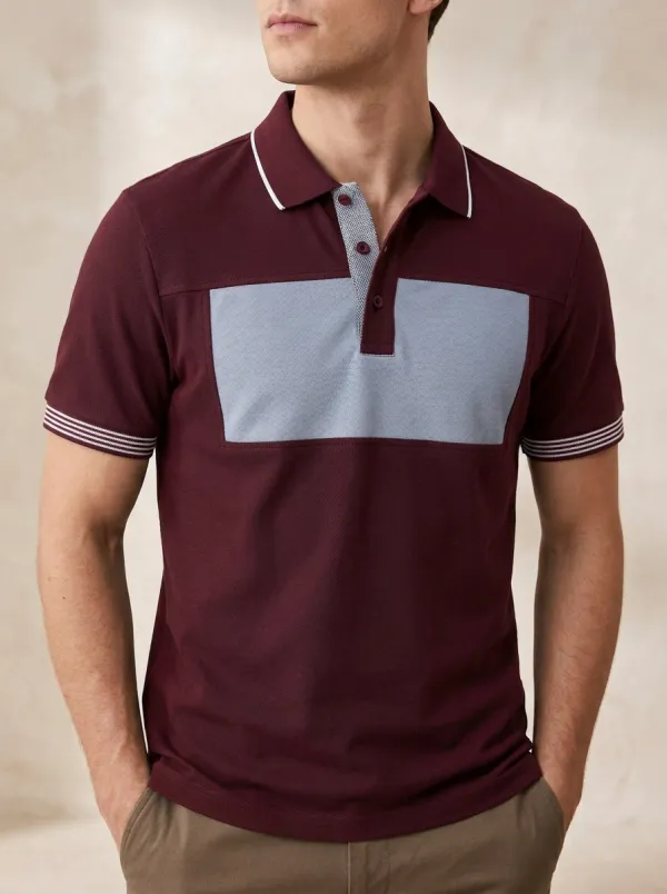 Men's Knit Ribbed Textured Striped Colorblock Polo Shirt