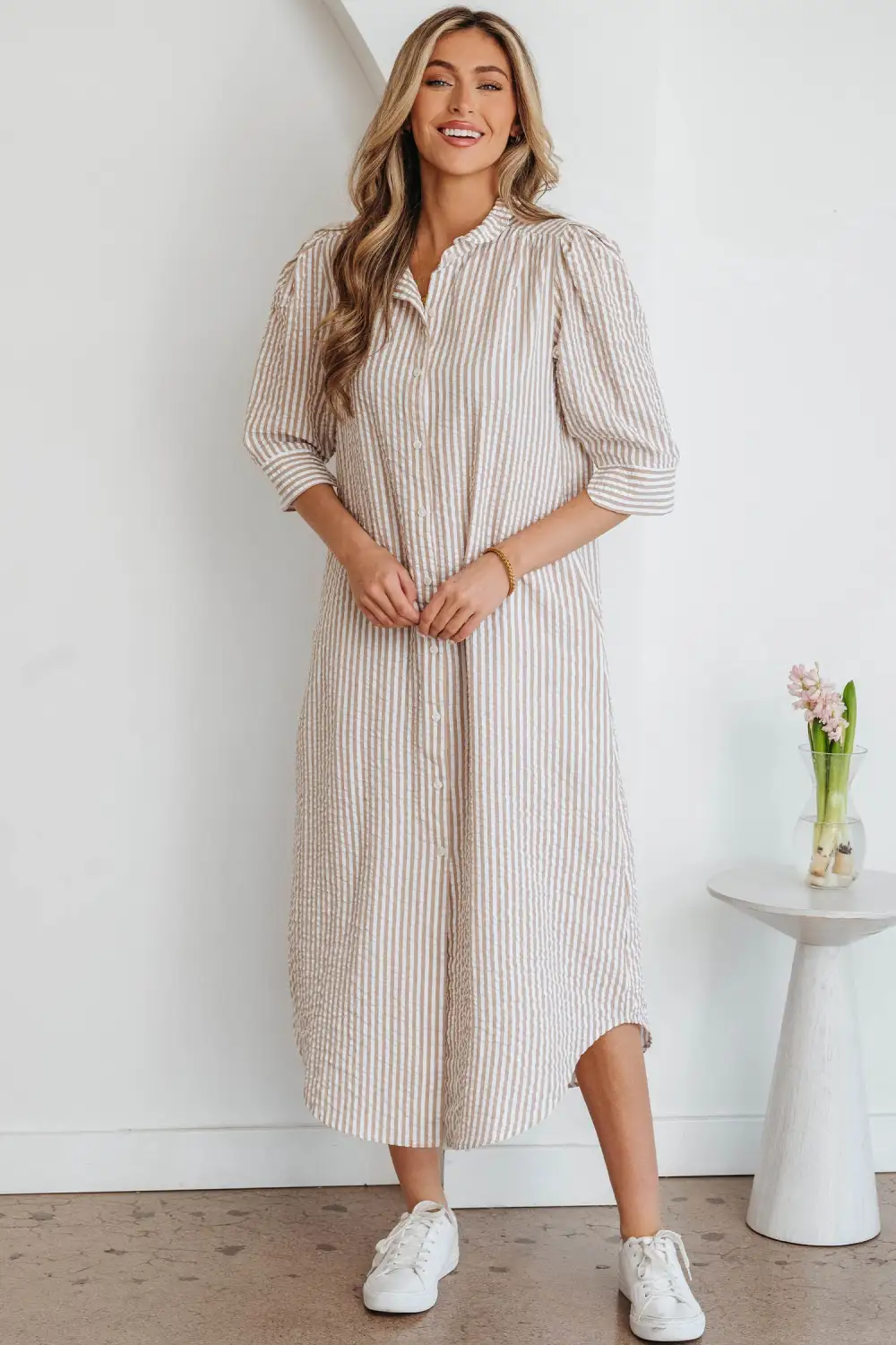 Striped Ruffle Short Sleeve Maxi Dress