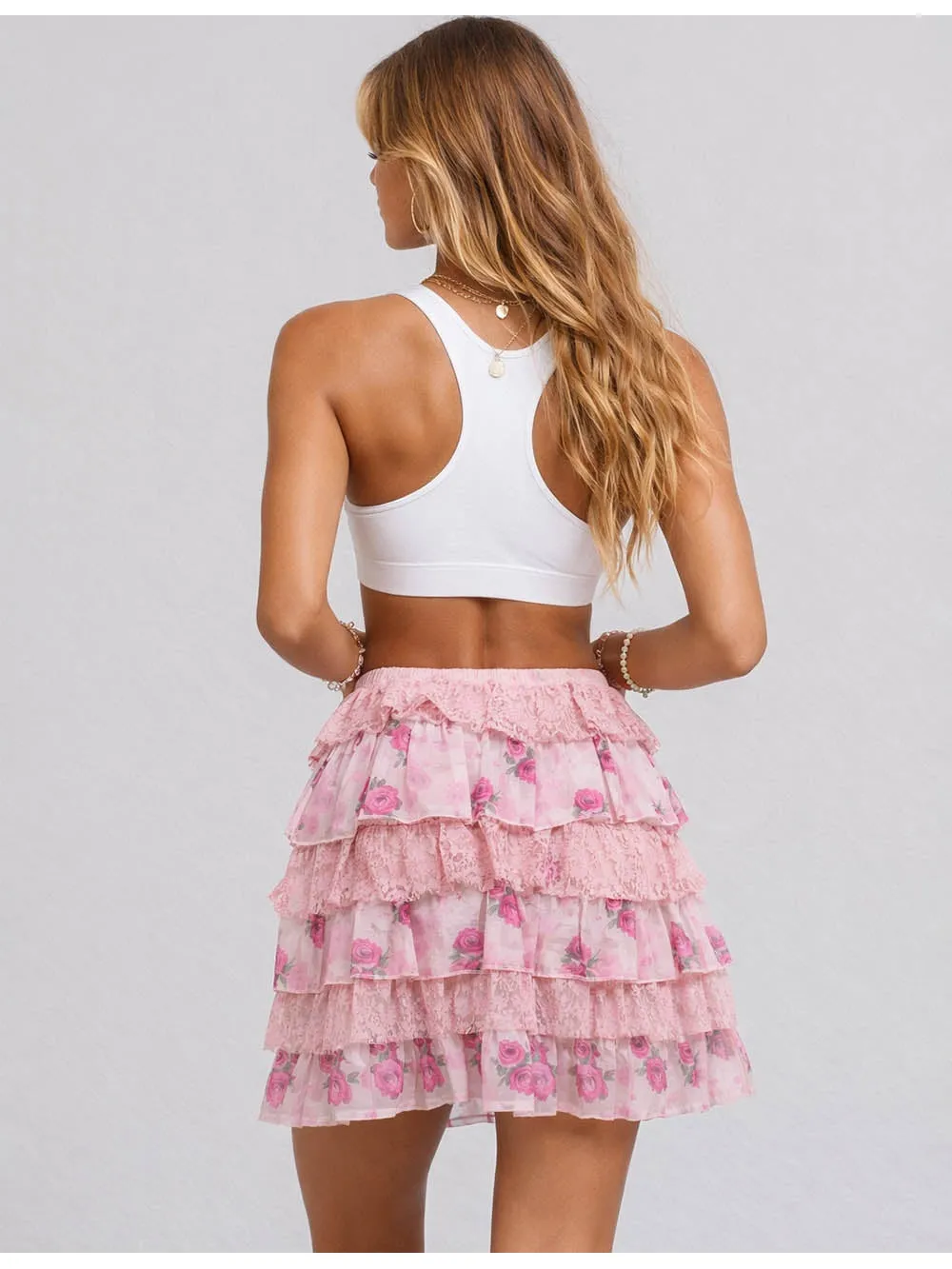 Boho Lace Panel Tiered Ruffle Mini Skirt