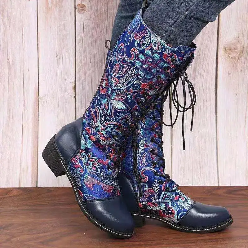 Embroidered Lace Up Block Heel Boots