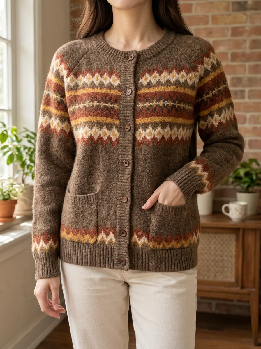 Women's Vintage Fair Isle Pattern Printed Hip Length Modern Layering Cardigan