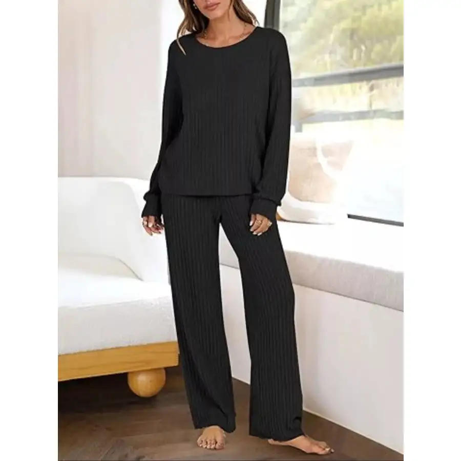 Relaxed Fit Ribbed Knit Top and Pants Set