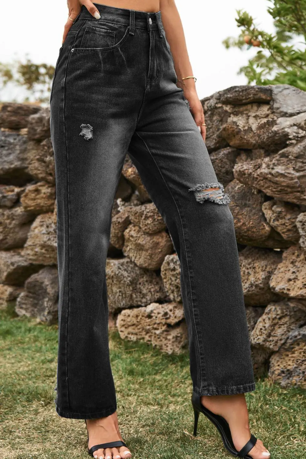 Contoured Loose Fit Distressed Denim Jeans