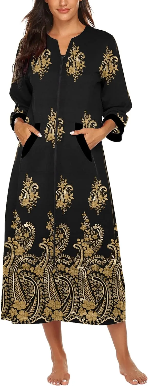 50% OFF Women Zipper Robe 3/4 Sleeves Loungewear Dress Full Length Sleepwear Pockets Housecoat Nightgown Long Bathrobe